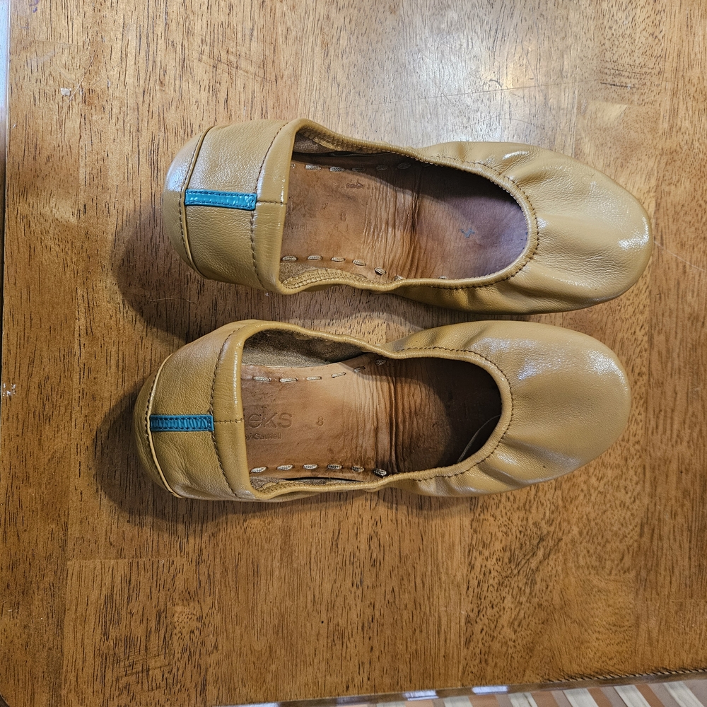 Tieks Camel Leather Flats with Teal Detail